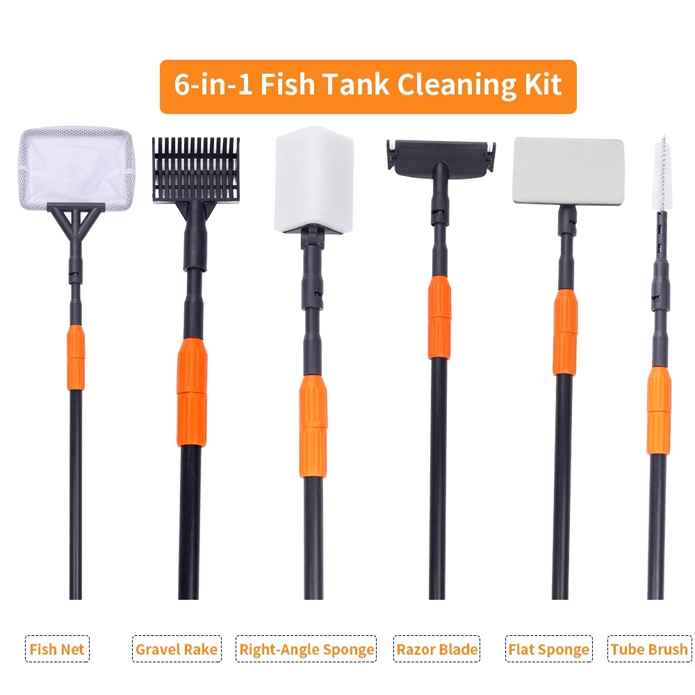 Planted Aquarium Maintenance Kit - 6-in-1 aquariumreinigingsset: aquariumklemset, visbaknet, grindhark, algescrapers,